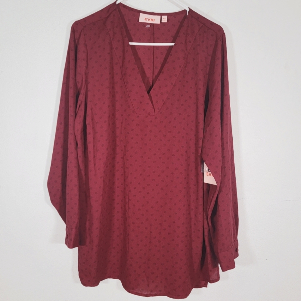 Evri Women's Red/Black V-Neck Long Sleeve High Low Hem Tunic/Top/Blouse Size 0X